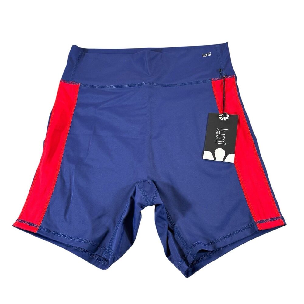 Lumi Collective Sz M Bike Shorts Color Block Red Blue Dance High Waist NWT